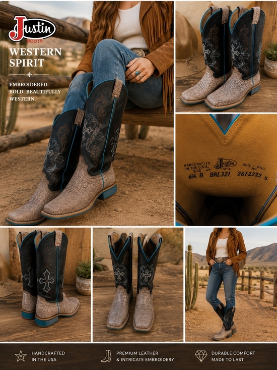 Justin Boots Shoes - Justin Boots Women’s Black & Taupe Embroidered Western Boot with Turquoise Trim